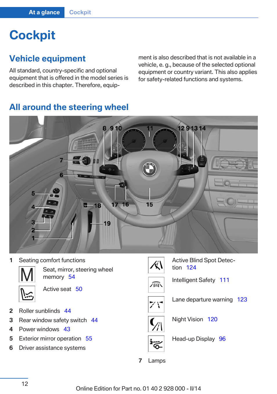 Cockpit, Vehicle equipment, All around the steering wheel | BMW 550i xDrive Sedan 2014 User Manual | Page 12 / 267