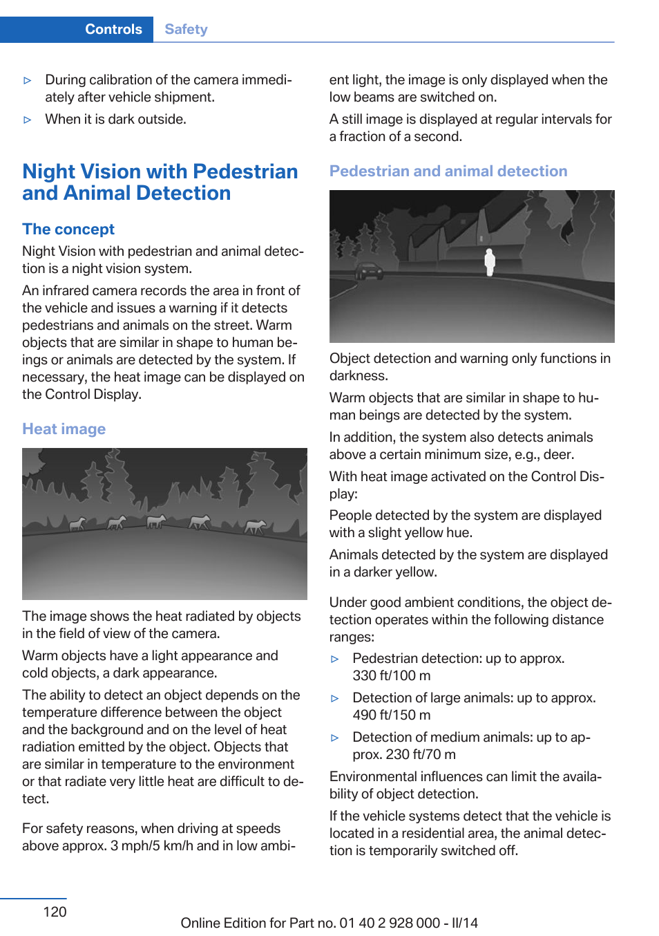 Night vision with pedestrian and animal detection | BMW 550i xDrive Sedan 2014 User Manual | Page 120 / 267