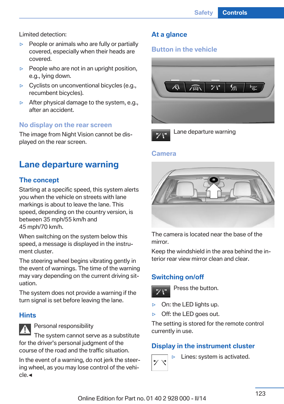 Lane departure warning | BMW 550i xDrive Sedan 2014 User Manual | Page 123 / 267