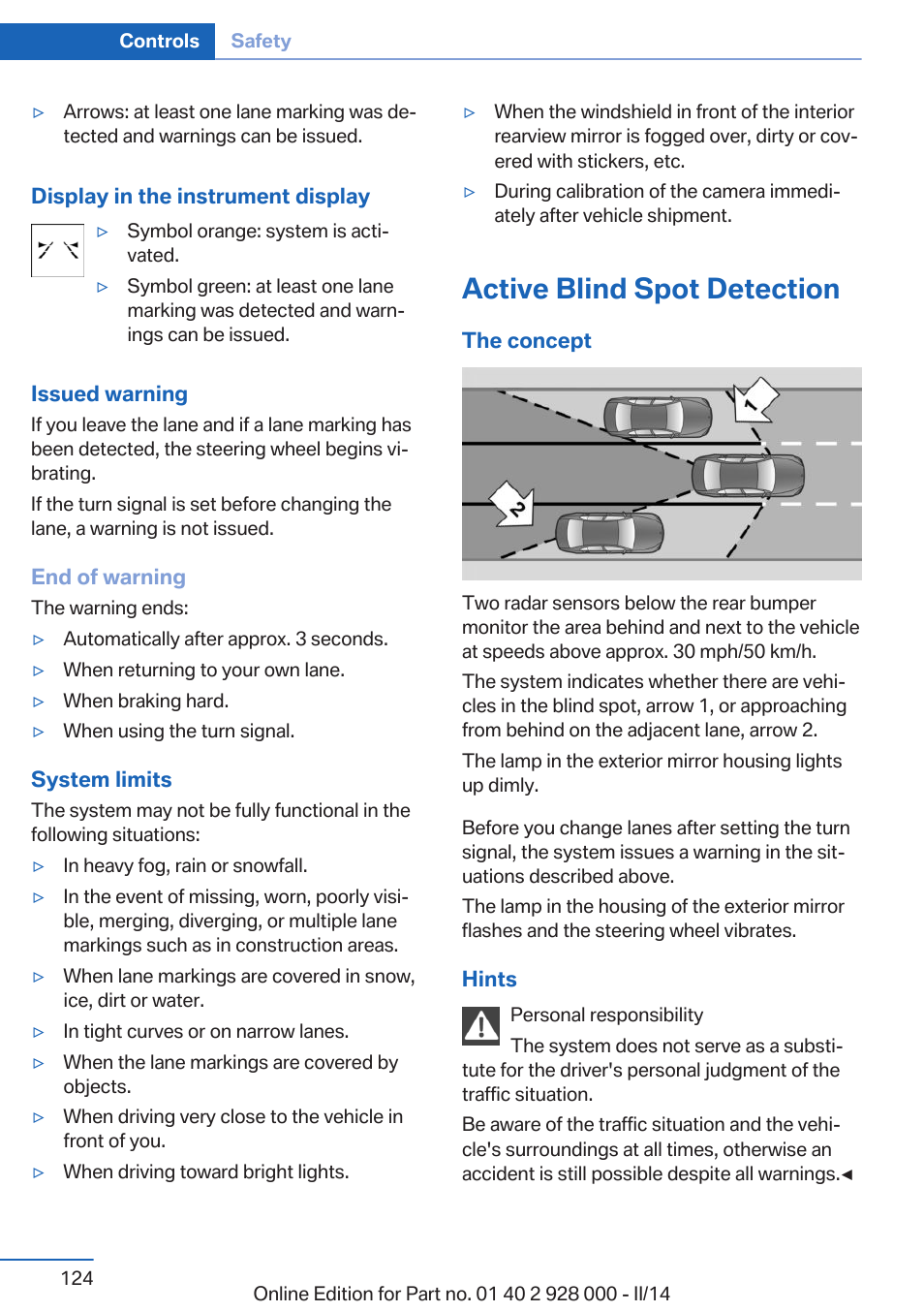 Active blind spot detection, Tion | BMW 550i xDrive Sedan 2014 User Manual | Page 124 / 267