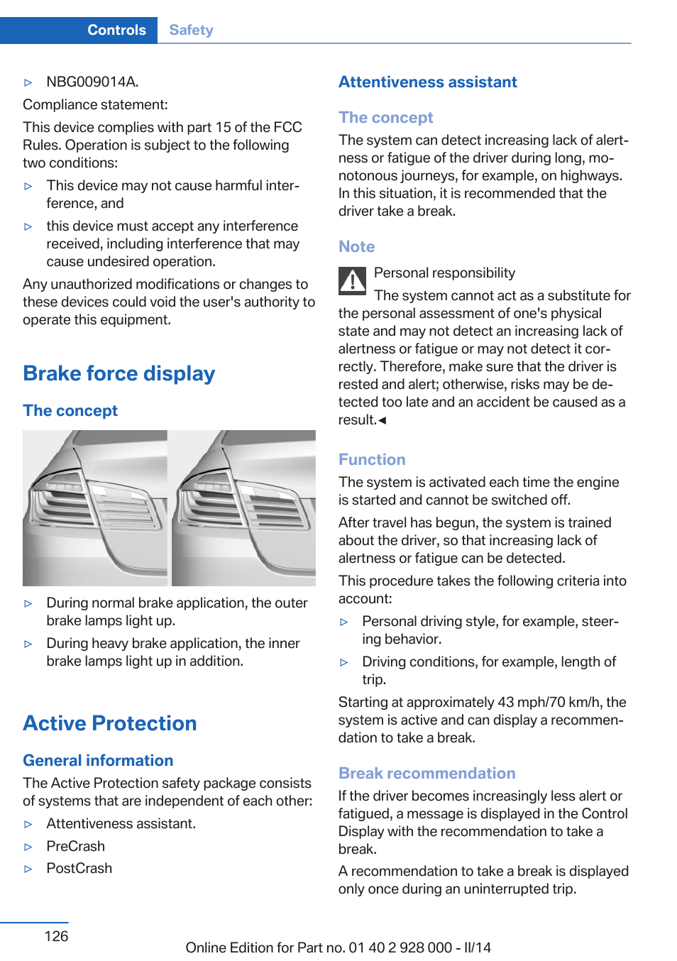 Brake force display, Active protection | BMW 550i xDrive Sedan 2014 User Manual | Page 126 / 267