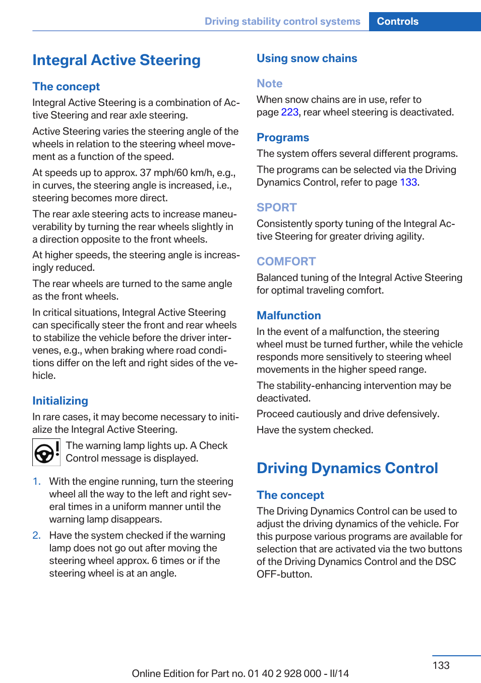 Integral active steering, Driving dynamics control | BMW 550i xDrive Sedan 2014 User Manual | Page 133 / 267