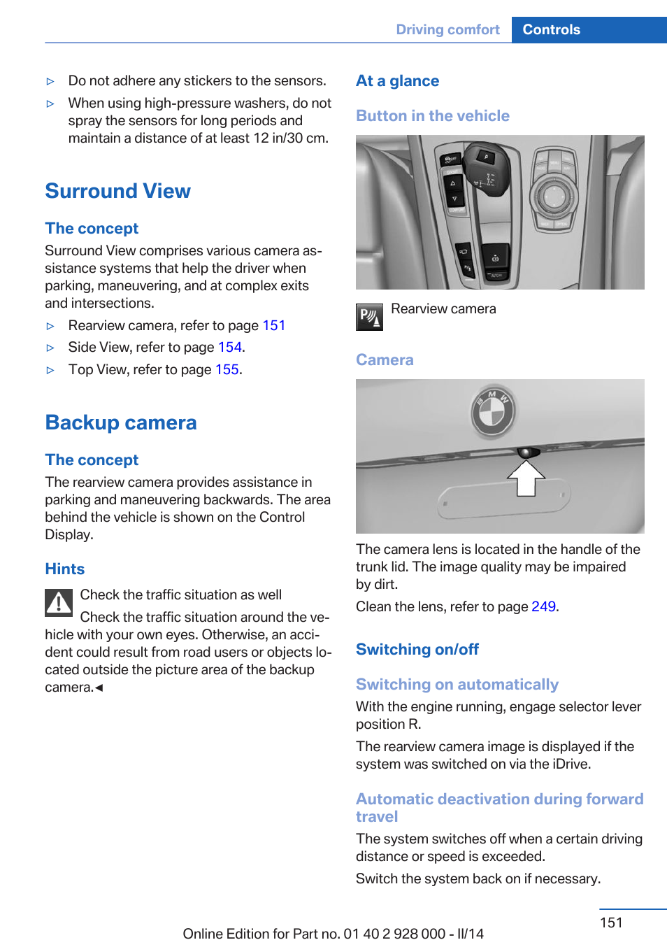 Surround view, Backup camera, Rearview camera | BMW 550i xDrive Sedan 2014 User Manual | Page 151 / 267