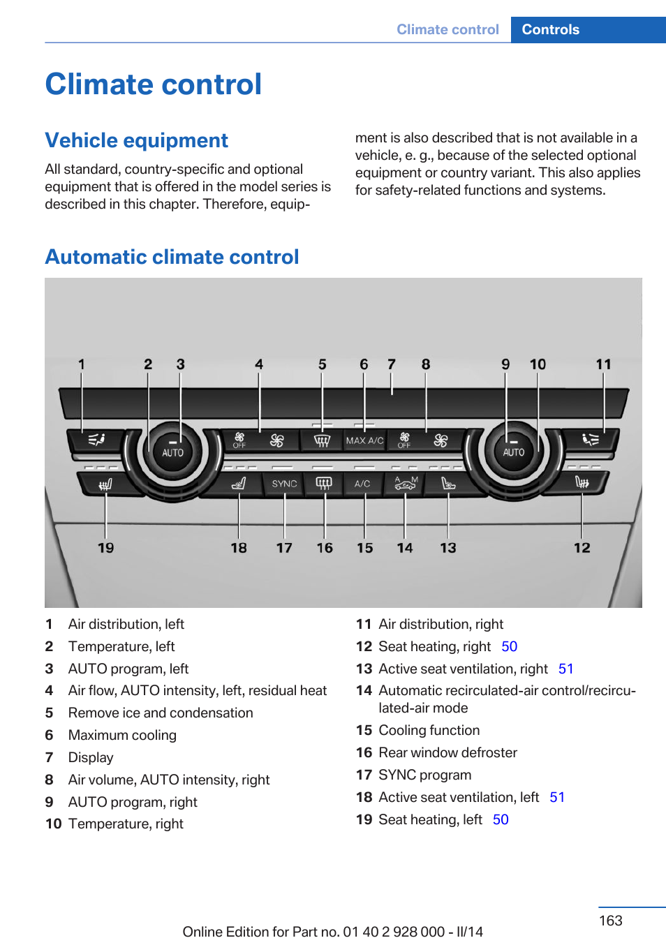 Climate control, Vehicle equipment, Automatic climate control | BMW 550i xDrive Sedan 2014 User Manual | Page 163 / 267