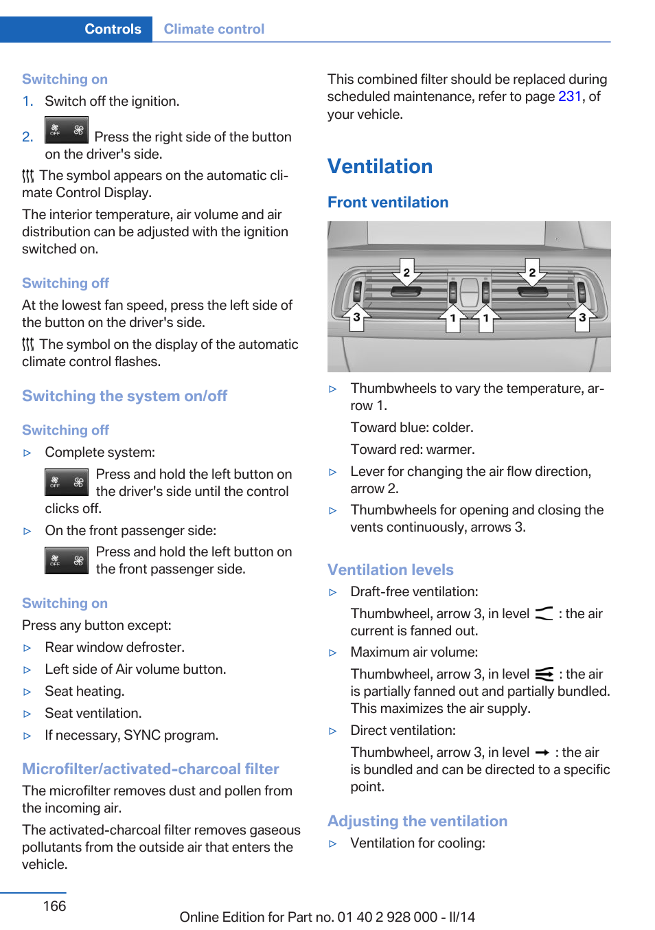 Ventilation | BMW 550i xDrive Sedan 2014 User Manual | Page 166 / 267