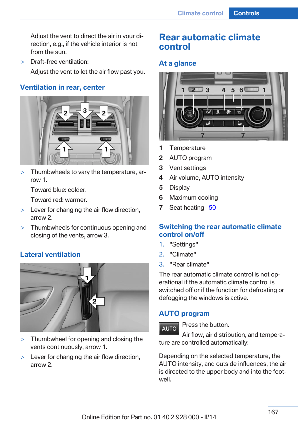 Rear automatic climate control | BMW 550i xDrive Sedan 2014 User Manual | Page 167 / 267