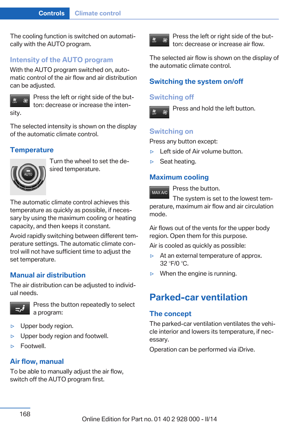 Parked-car ventilation | BMW 550i xDrive Sedan 2014 User Manual | Page 168 / 267