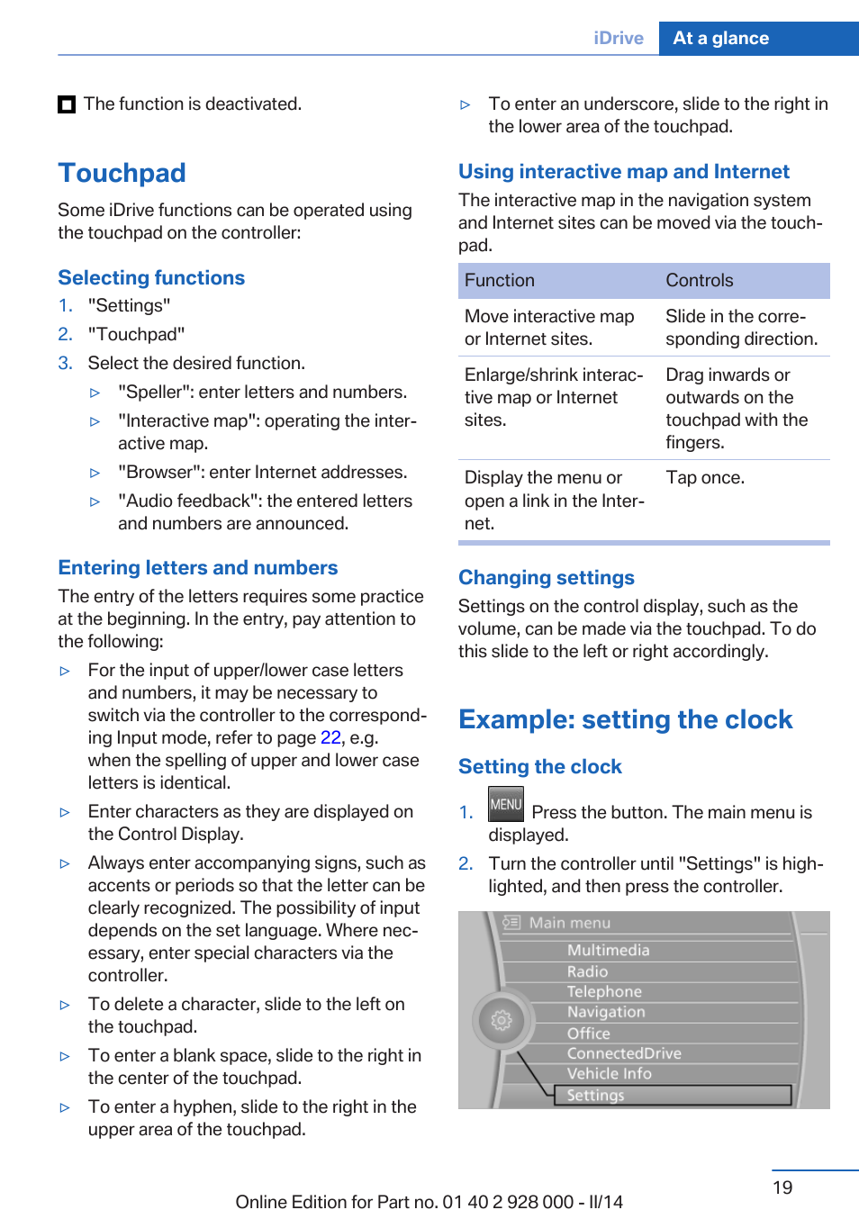 Touchpad, Example: setting the clock | BMW 550i xDrive Sedan 2014 User Manual | Page 19 / 267