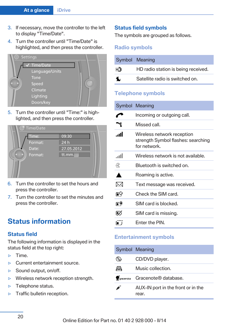 Status information | BMW 550i xDrive Sedan 2014 User Manual | Page 20 / 267