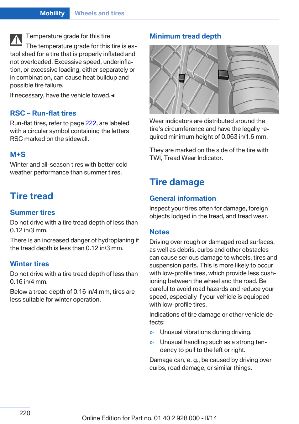 Tire tread, Tire damage | BMW 550i xDrive Sedan 2014 User Manual | Page 220 / 267