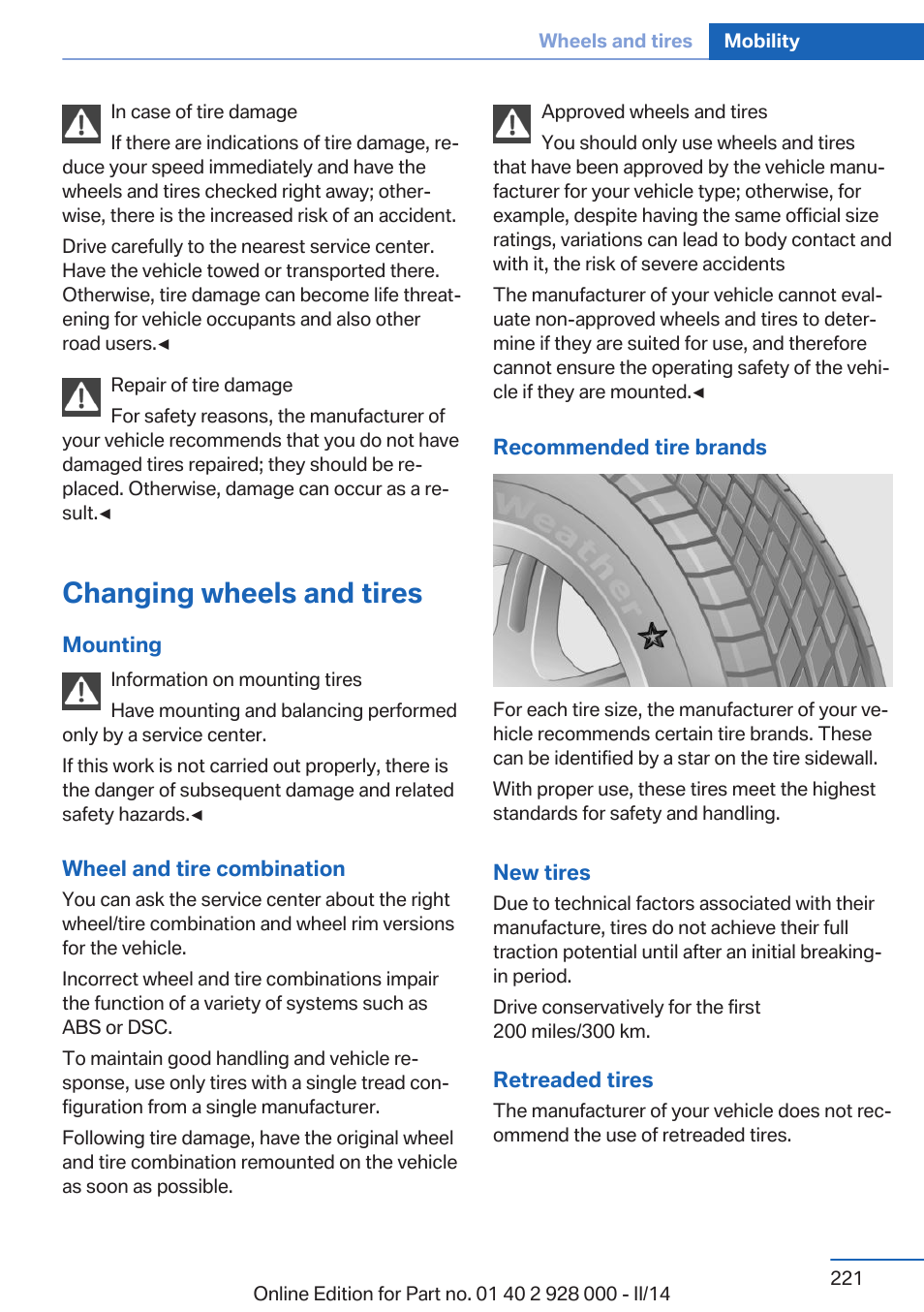 Changing wheels and tires | BMW 550i xDrive Sedan 2014 User Manual | Page 221 / 267