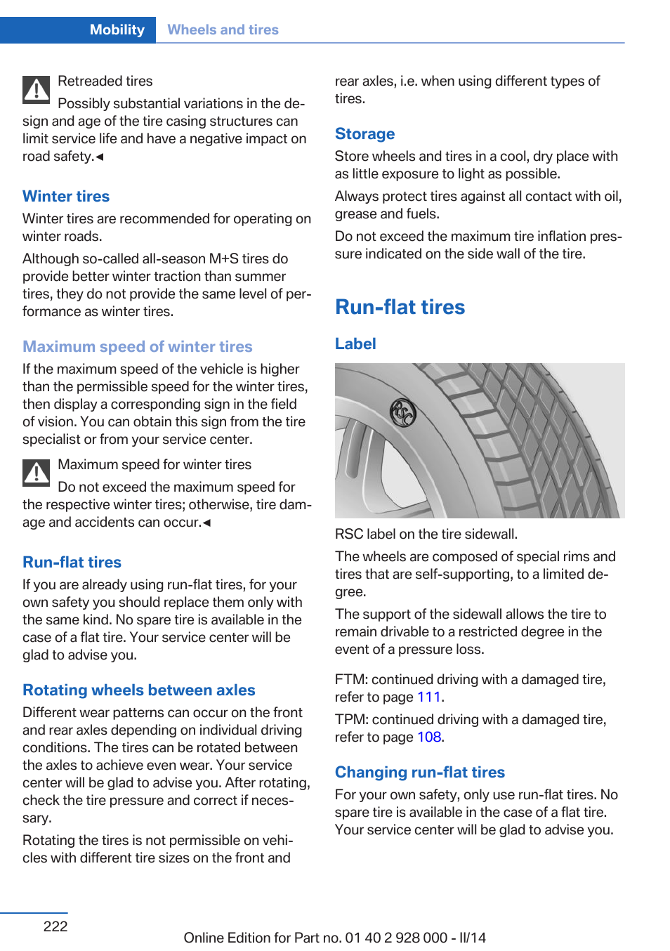 Run-flat tires | BMW 550i xDrive Sedan 2014 User Manual | Page 222 / 267