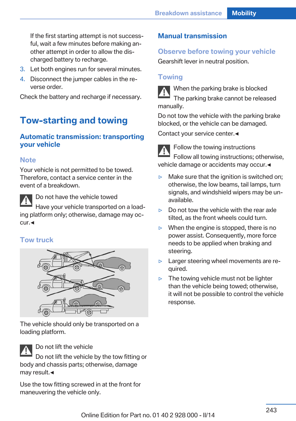 Tow-starting and towing | BMW 550i xDrive Sedan 2014 User Manual | Page 243 / 267