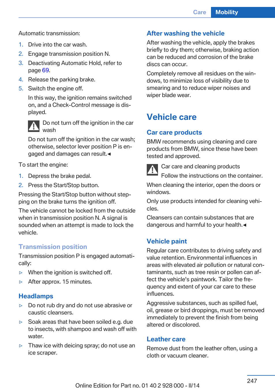 Vehicle care | BMW 550i xDrive Sedan 2014 User Manual | Page 247 / 267