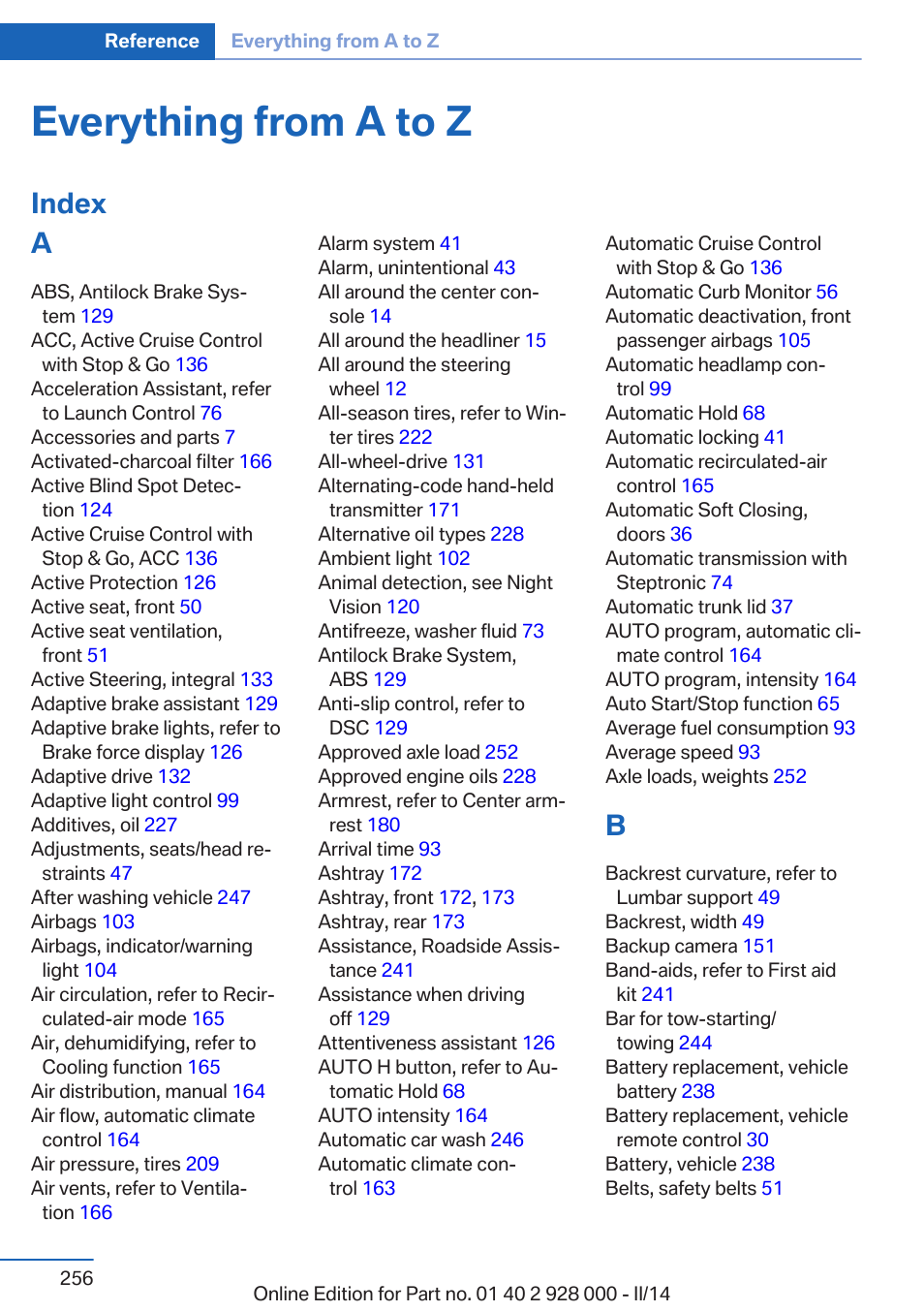 Everything from a to z, Index a | BMW 550i xDrive Sedan 2014 User Manual | Page 256 / 267