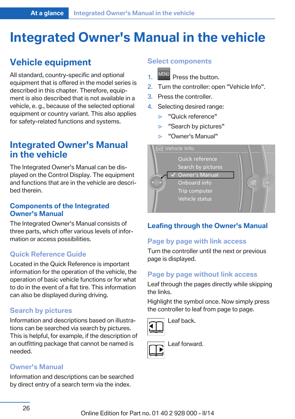 Integrated owner's manual in the vehicle, Vehicle equipment | BMW 550i xDrive Sedan 2014 User Manual | Page 26 / 267