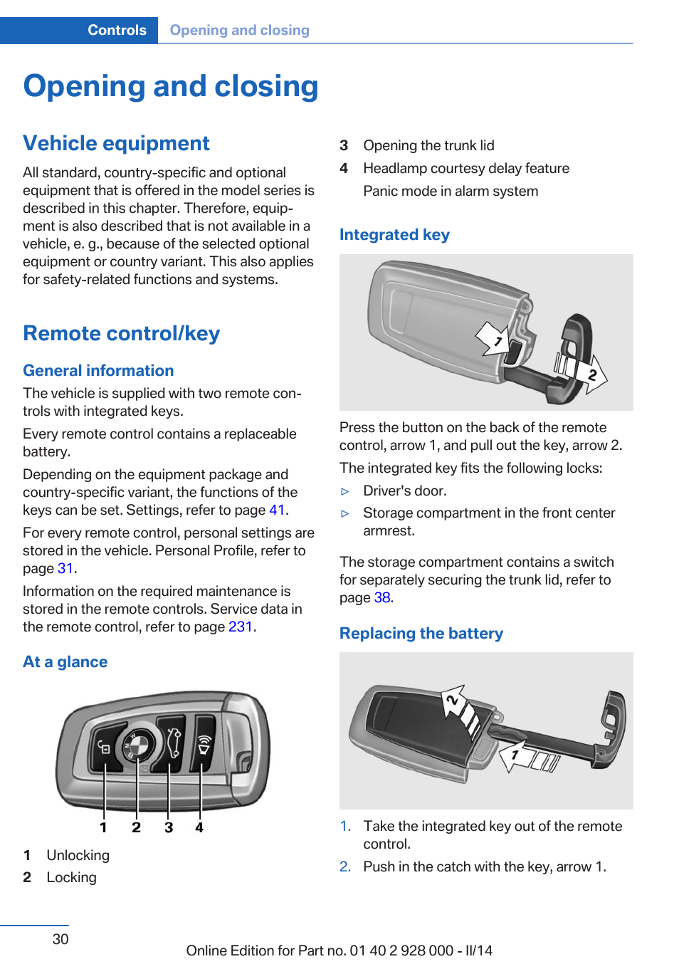 Opening and closing, Vehicle equipment, Remote control/key | BMW 550i xDrive Sedan 2014 User Manual | Page 30 / 267