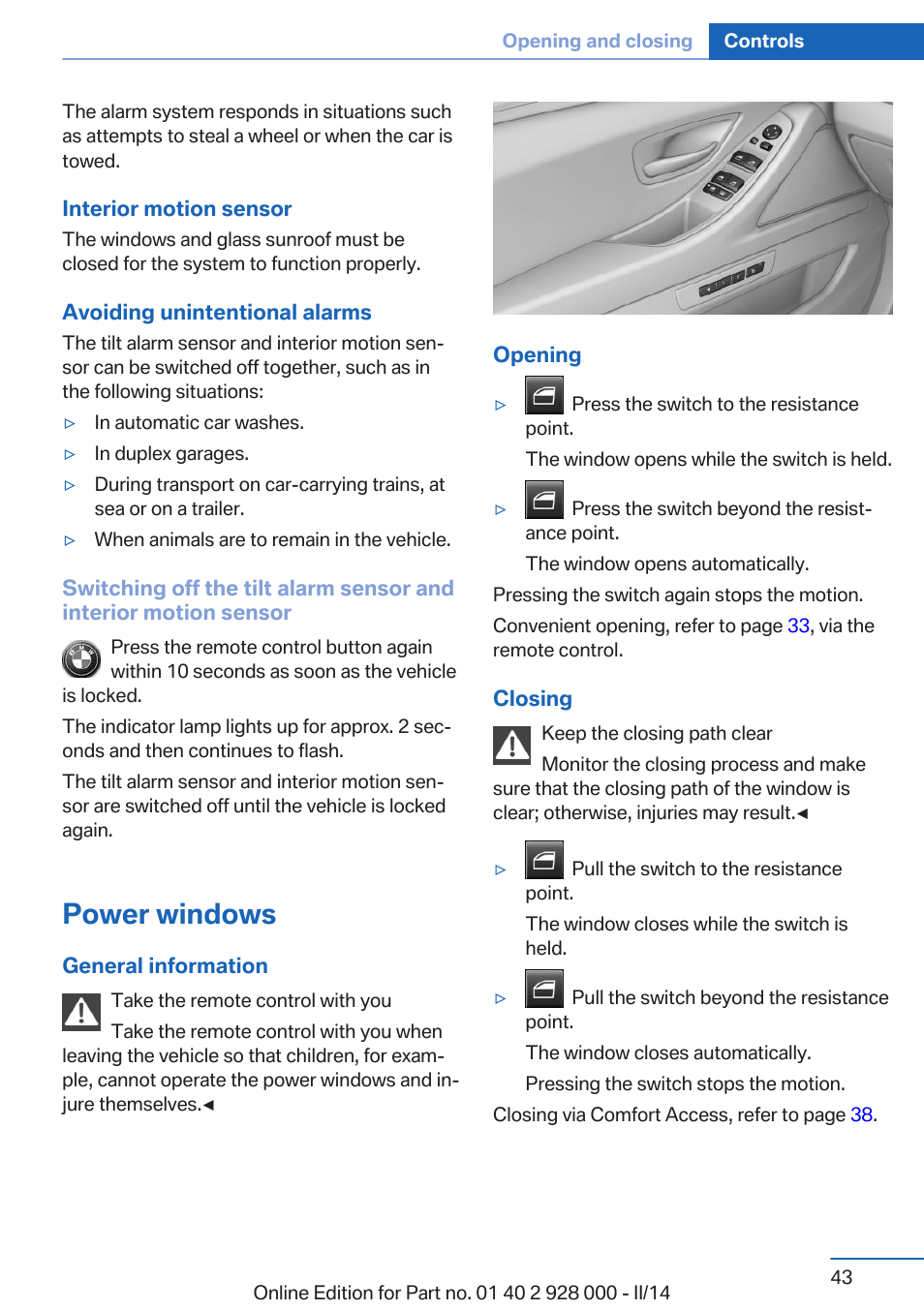 Power windows | BMW 550i xDrive Sedan 2014 User Manual | Page 43 / 267