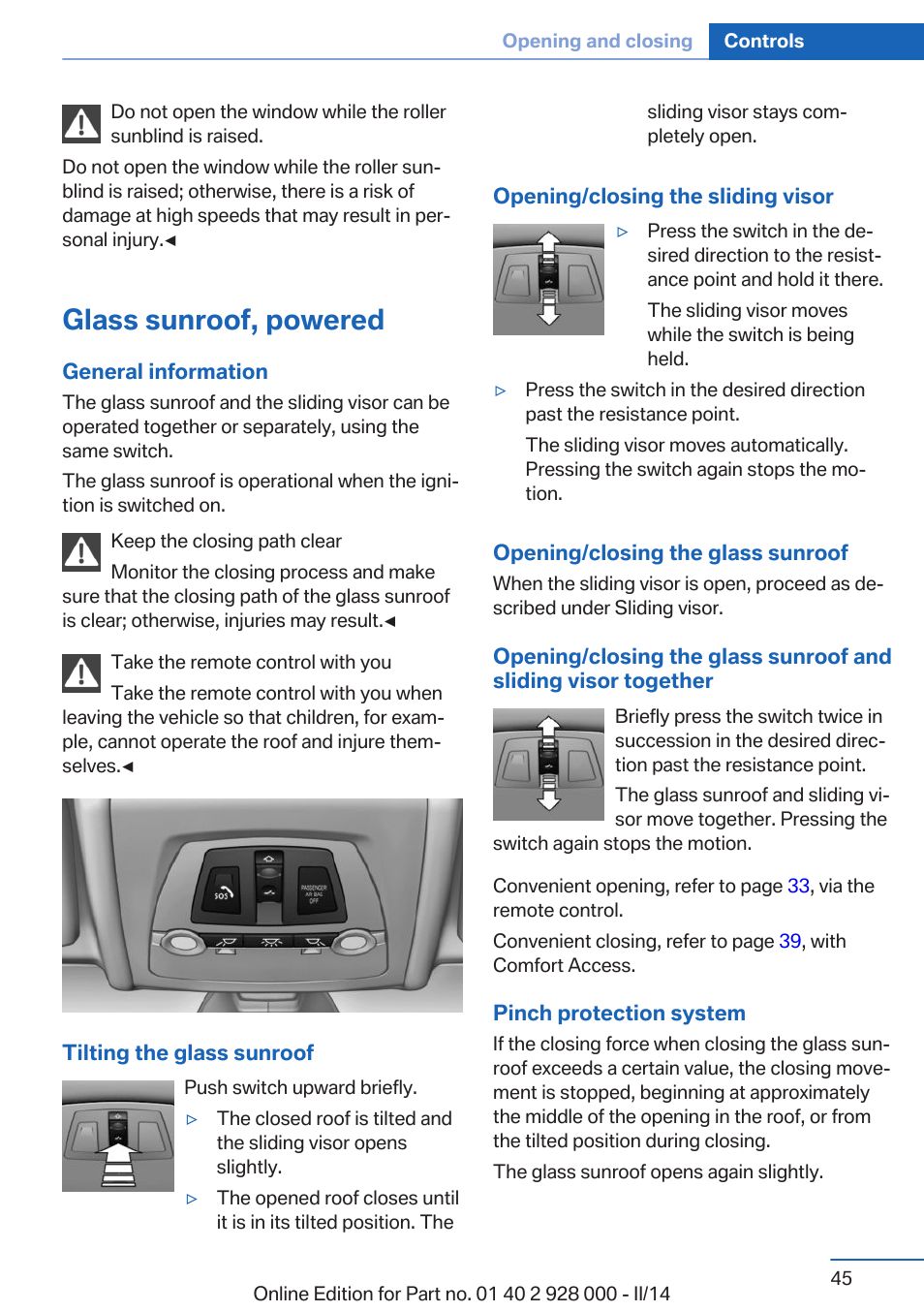 Glass sunroof, powered | BMW 550i xDrive Sedan 2014 User Manual | Page 45 / 267