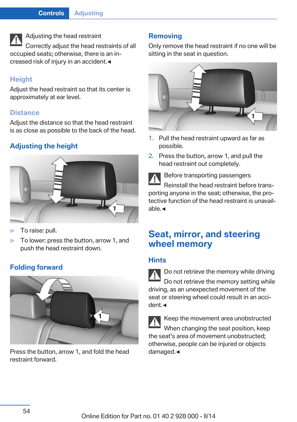 Seat, mirror, and steering wheel memory, Memory | BMW 550i xDrive Sedan 2014 User Manual | Page 54 / 267