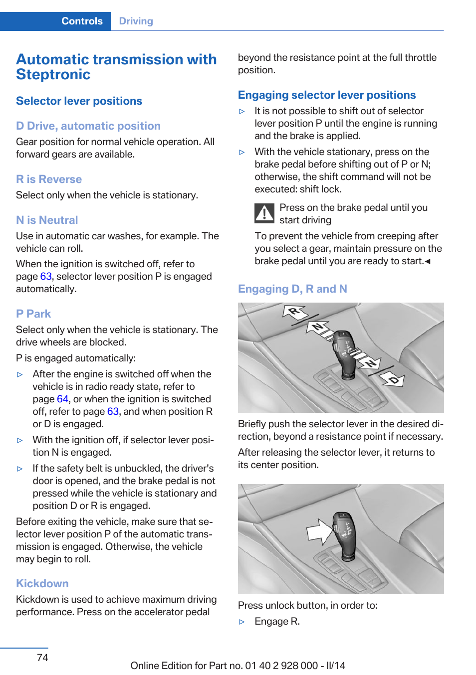 Automatic transmission with steptronic | BMW 550i xDrive Sedan 2014 User Manual | Page 74 / 267