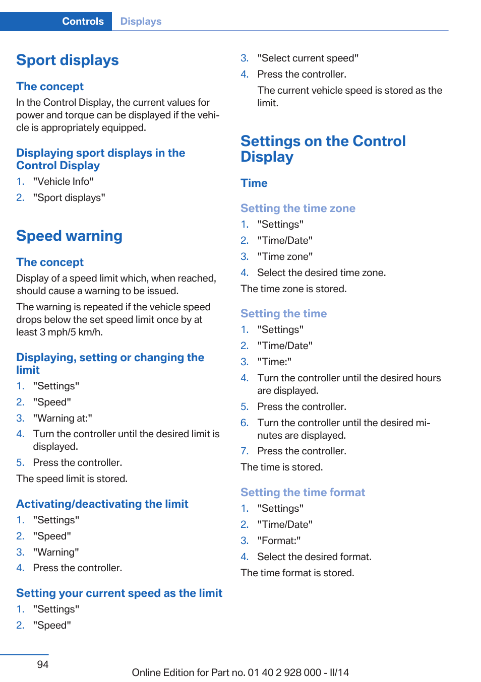 Sport displays, Speed warning, Settings on the control display | BMW 550i xDrive Sedan 2014 User Manual | Page 94 / 267