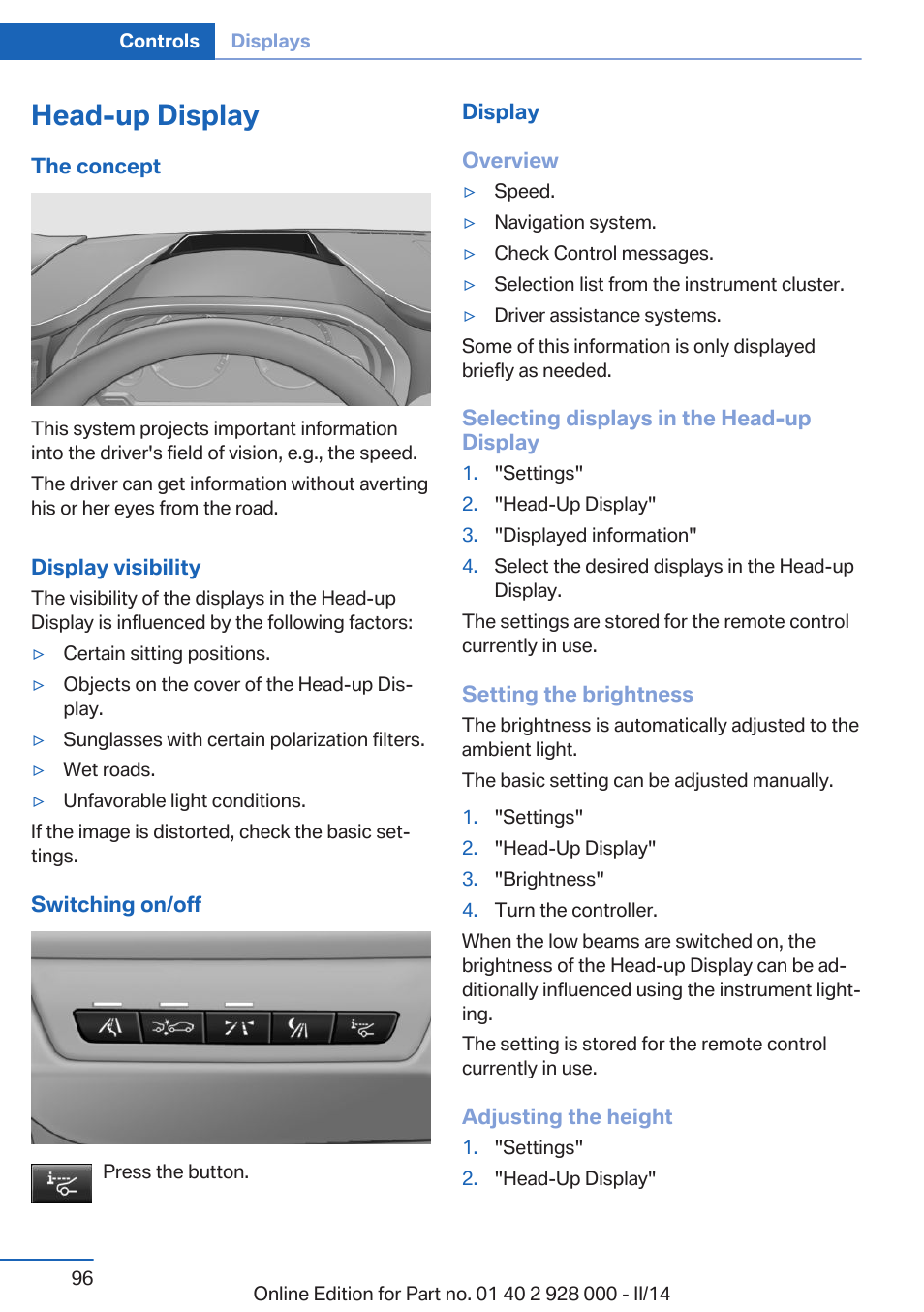 Head-up display | BMW 550i xDrive Sedan 2014 User Manual | Page 96 / 267