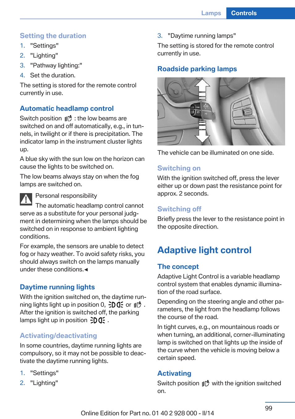 Adaptive light control | BMW 550i xDrive Sedan 2014 User Manual | Page 99 / 267