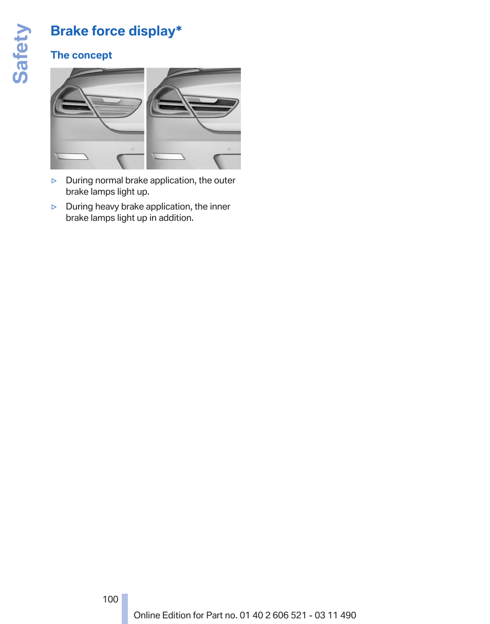 Brake force display, Safety | BMW 650i xDrive Convertible 2012 User Manual | Page 100 / 282