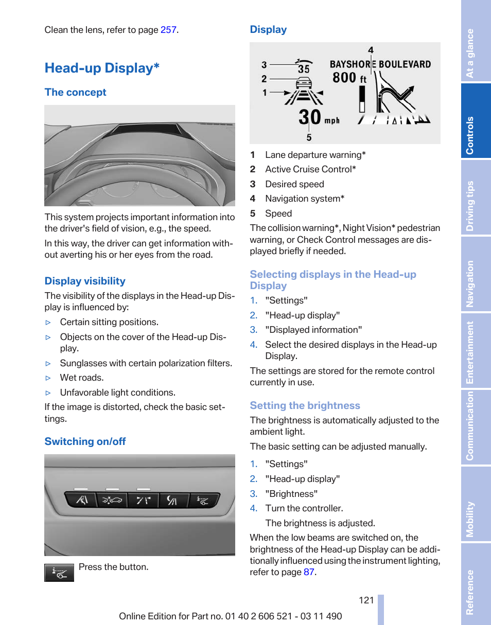 Head-up display | BMW 650i xDrive Convertible 2012 User Manual | Page 121 / 282