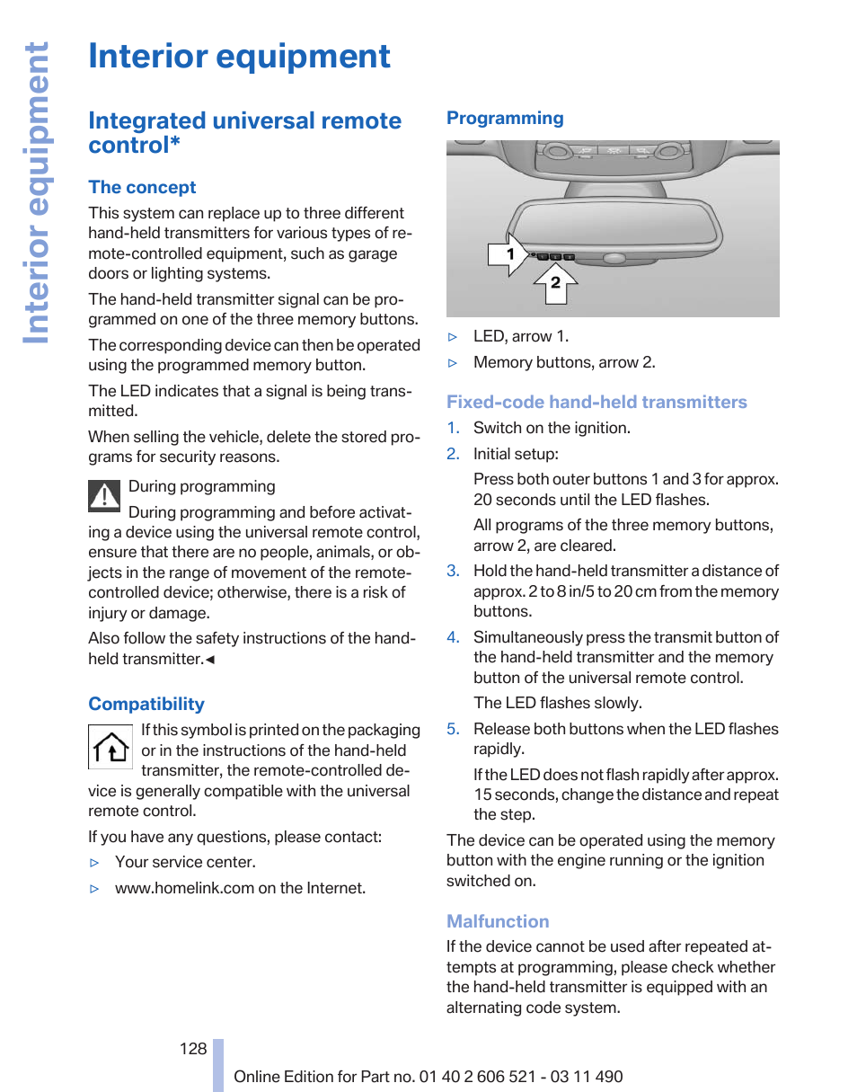 Interior equipment, Integrated universal remote control | BMW 650i xDrive Convertible 2012 User Manual | Page 128 / 282