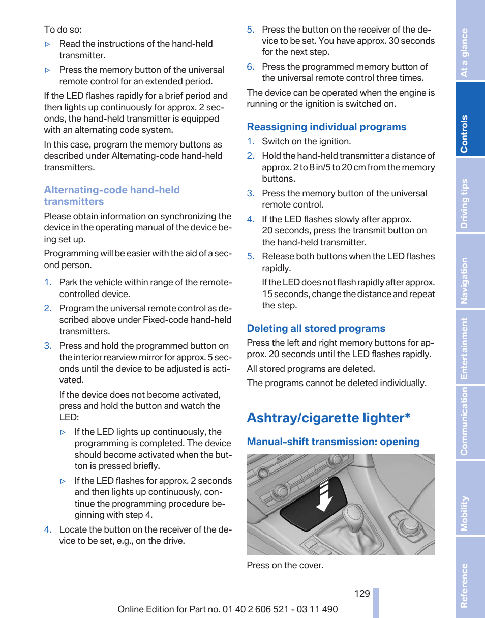 Ashtray/cigarette lighter | BMW 650i xDrive Convertible 2012 User Manual | Page 129 / 282