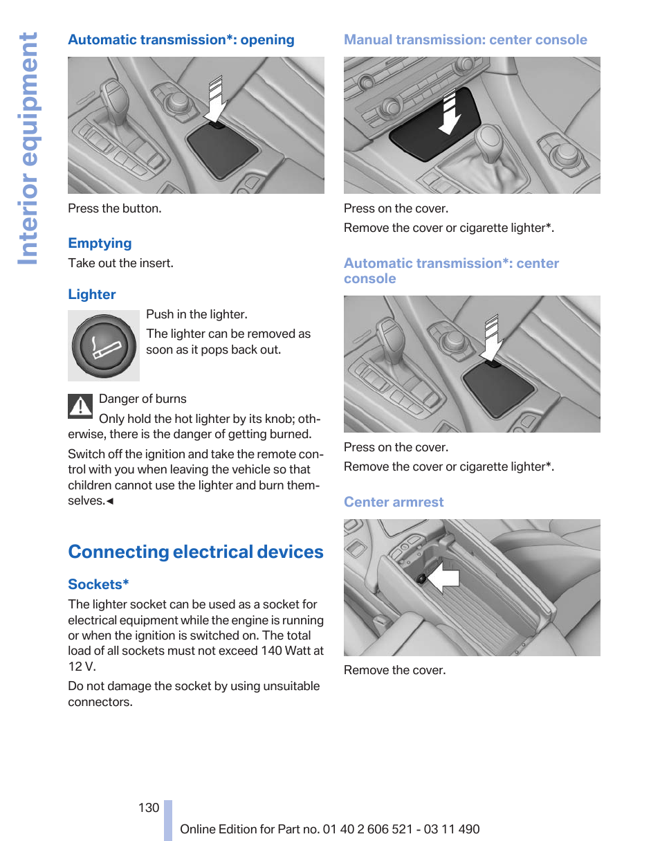 Connecting electrical devices, Interior equipment | BMW 650i xDrive Convertible 2012 User Manual | Page 130 / 282