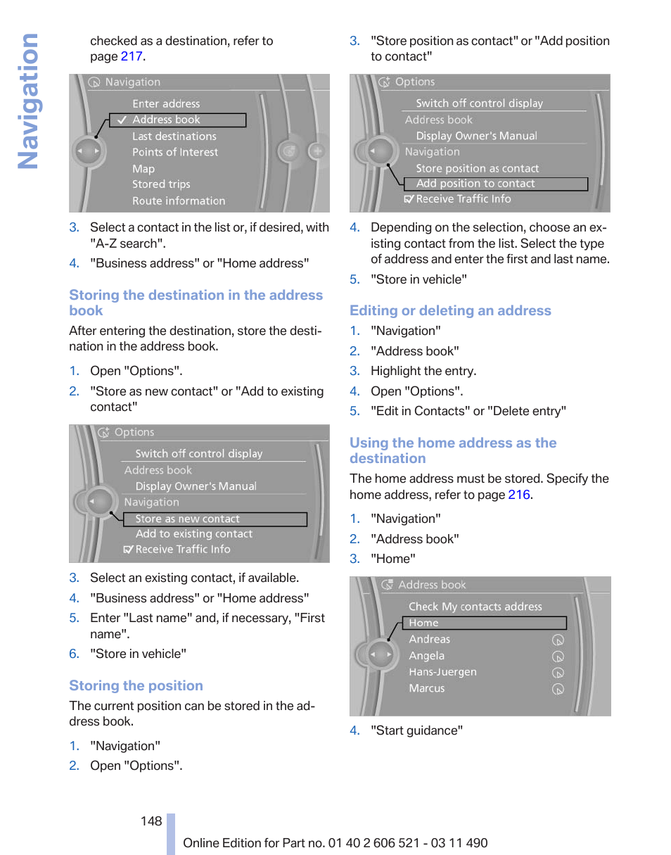 Navigation | BMW 650i xDrive Convertible 2012 User Manual | Page 148 / 282