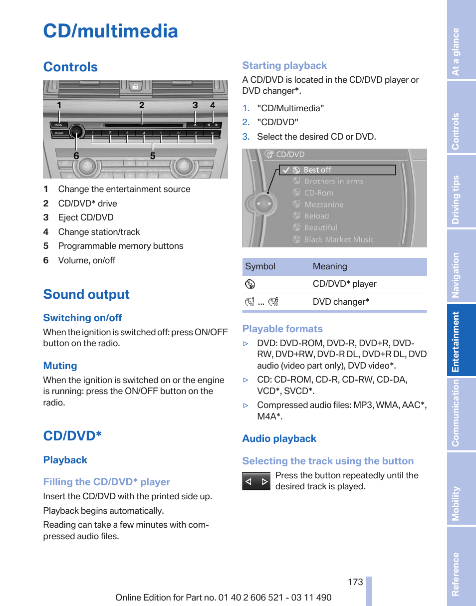 Cd/multimedia, Controls, Sound output | Cd/dvd, Audio | BMW 650i xDrive Convertible 2012 User Manual | Page 173 / 282