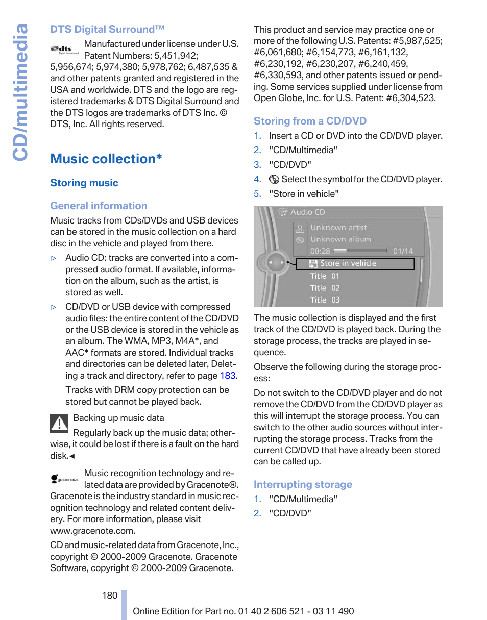 Music collection, Cd/multimedia | BMW 650i xDrive Convertible 2012 User Manual | Page 180 / 282