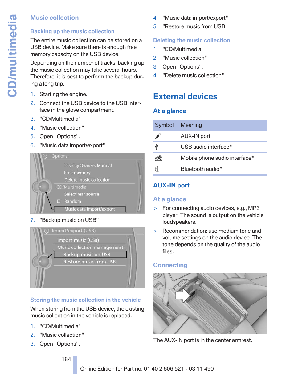 External devices, Cd/multimedia | BMW 650i xDrive Convertible 2012 User Manual | Page 184 / 282