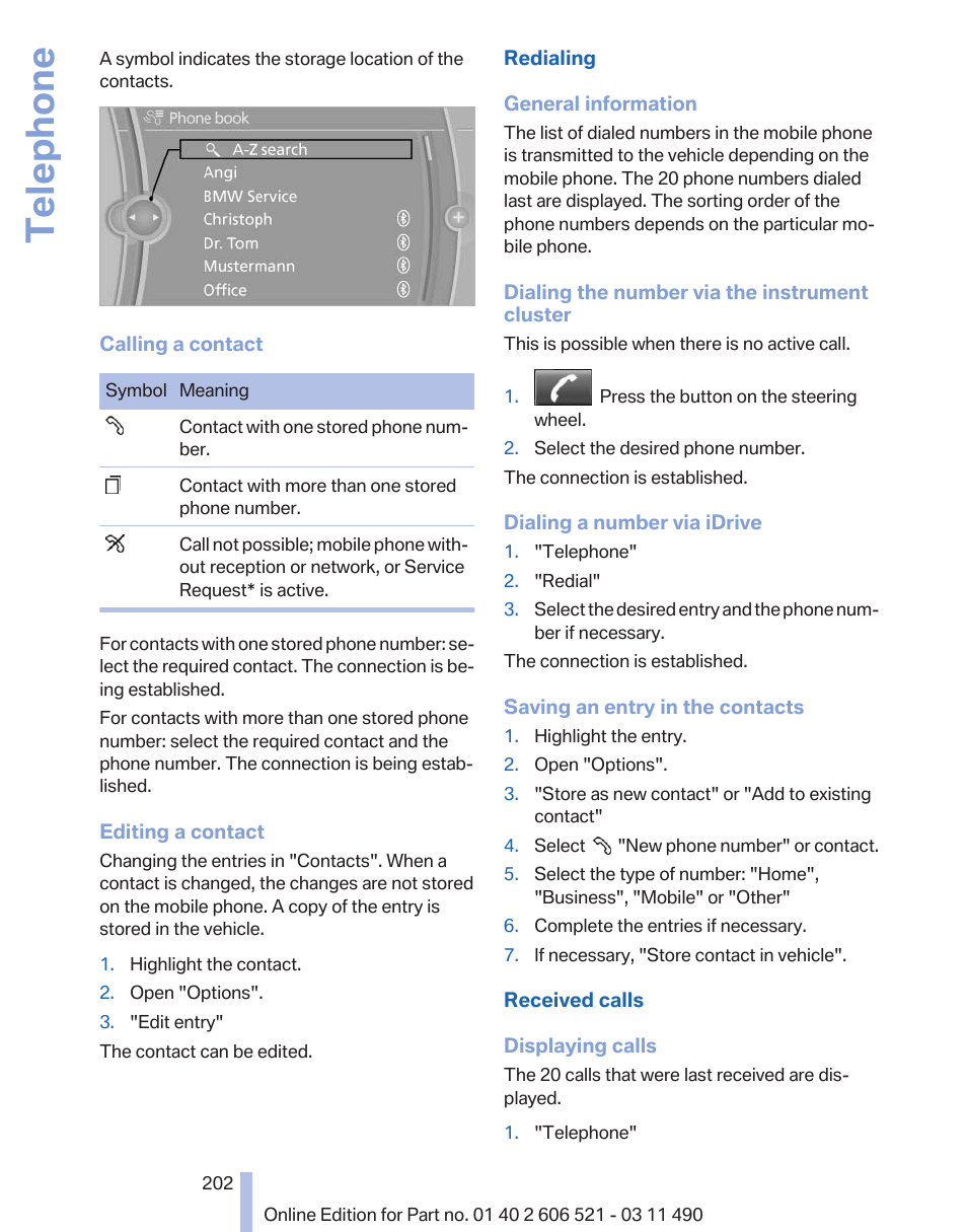 Telephone | BMW 650i xDrive Convertible 2012 User Manual | Page 202 / 282