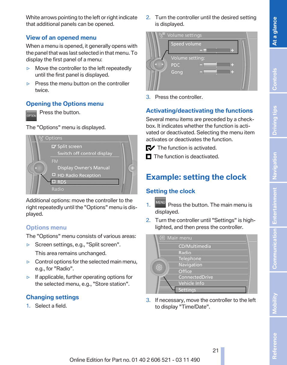 Example: setting the clock | BMW 650i xDrive Convertible 2012 User Manual | Page 21 / 282