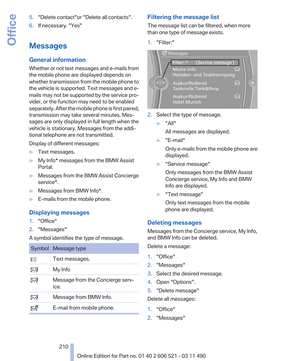 Messages, Office | BMW 650i xDrive Convertible 2012 User Manual | Page 210 / 282