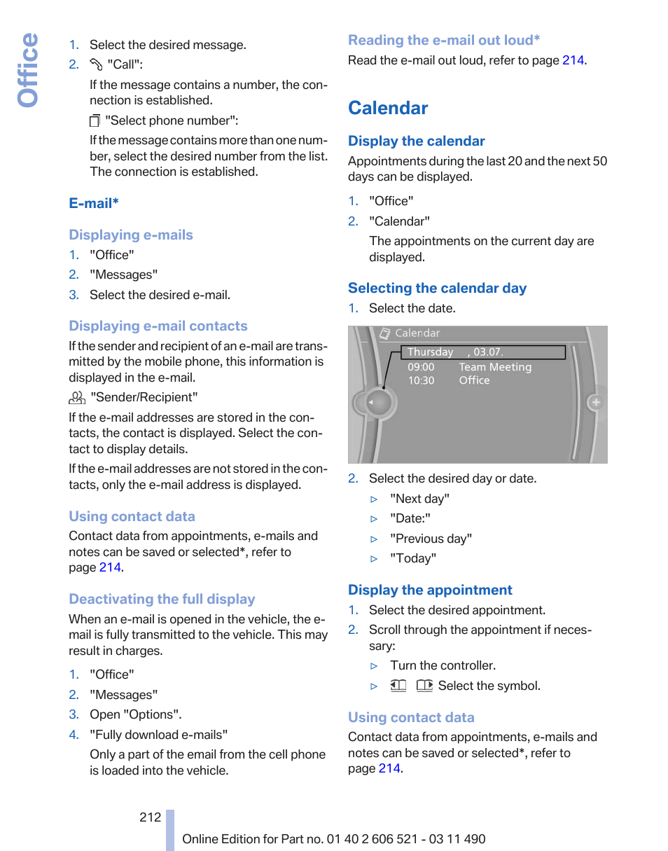 Calendar, Office | BMW 650i xDrive Convertible 2012 User Manual | Page 212 / 282