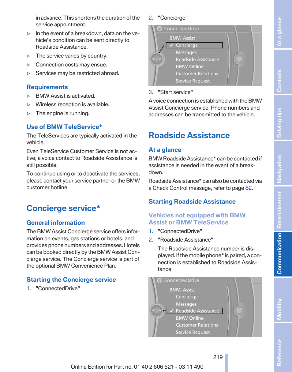 Concierge service, Roadside assistance | BMW 650i xDrive Convertible 2012 User Manual | Page 219 / 282