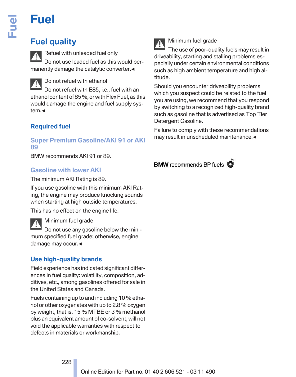 Fuel, Fuel quality | BMW 650i xDrive Convertible 2012 User Manual | Page 228 / 282