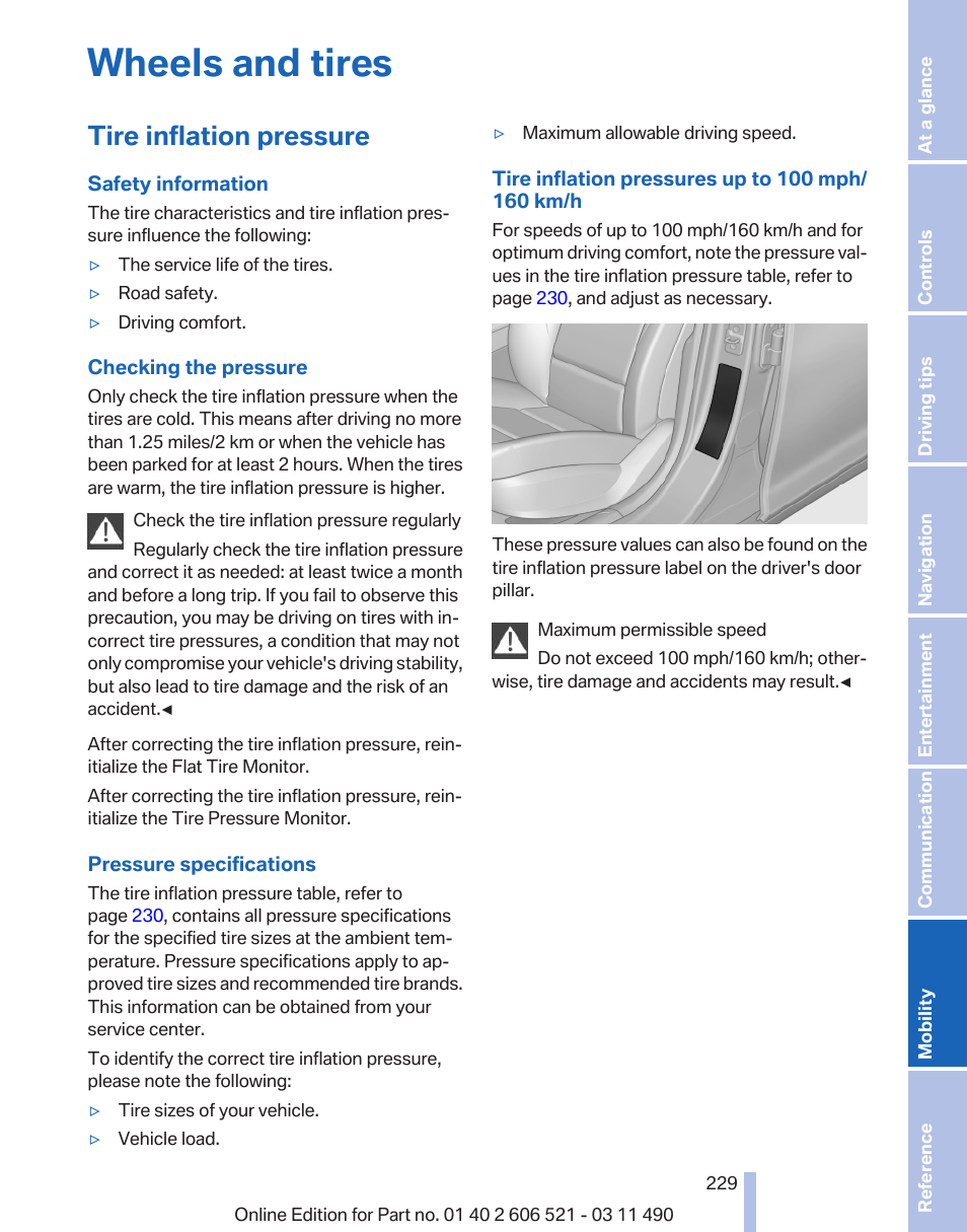 Wheels and tires, Tire inflation pressure | BMW 650i xDrive Convertible 2012 User Manual | Page 229 / 282