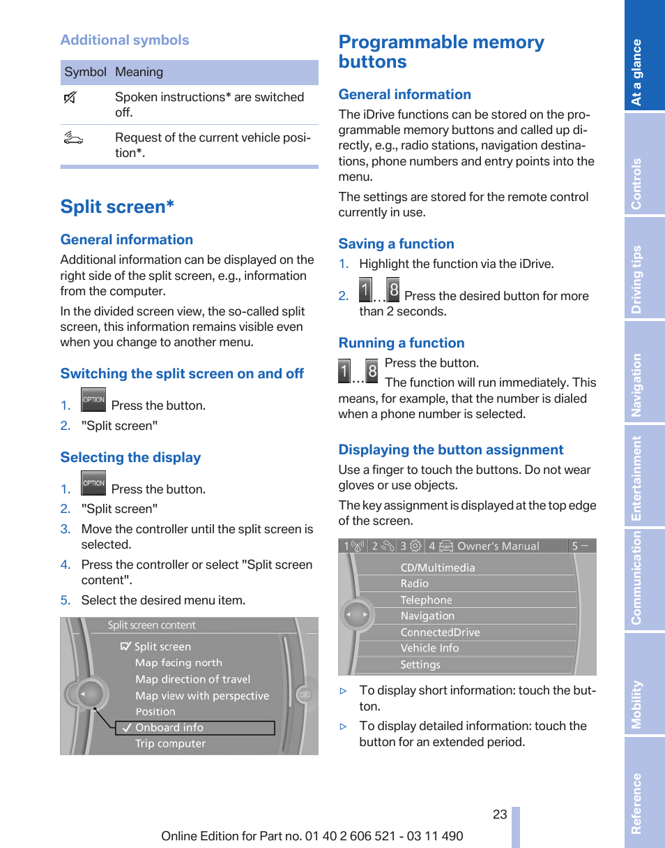 Split screen, Programmable memory buttons | BMW 650i xDrive Convertible 2012 User Manual | Page 23 / 282