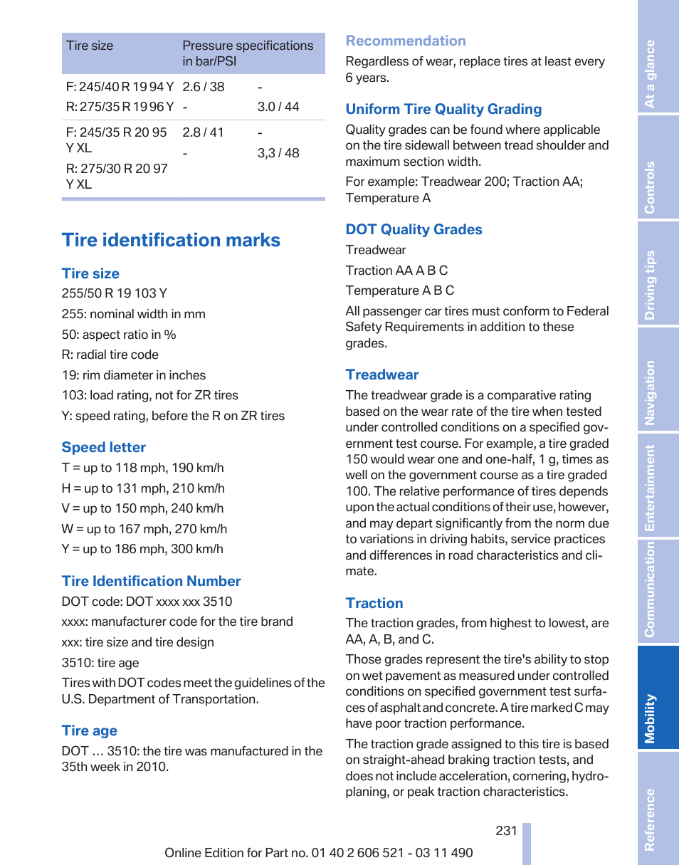 Tire identification marks | BMW 650i xDrive Convertible 2012 User Manual | Page 231 / 282