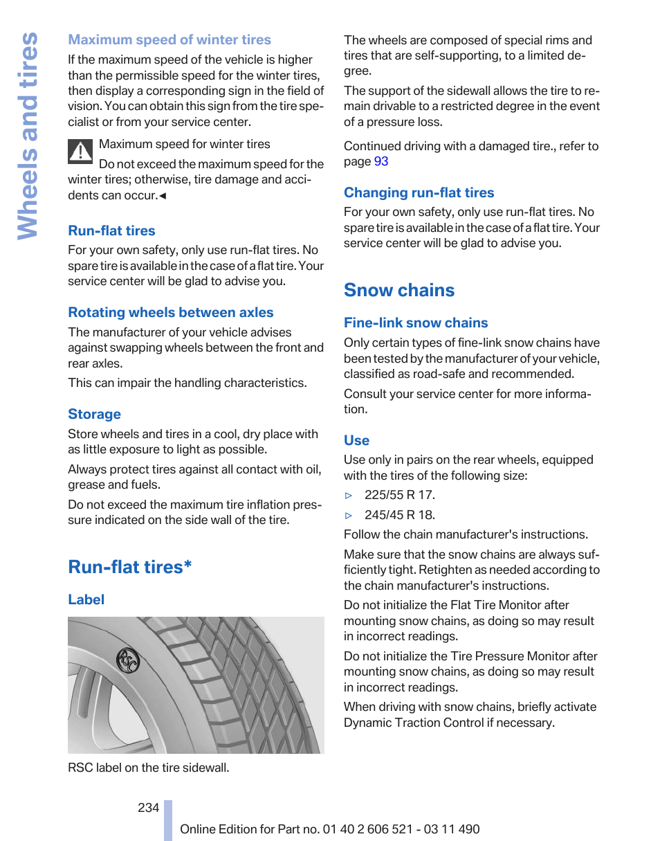 Run-flat tires, Snow chains, Wheels and tires | BMW 650i xDrive Convertible 2012 User Manual | Page 234 / 282