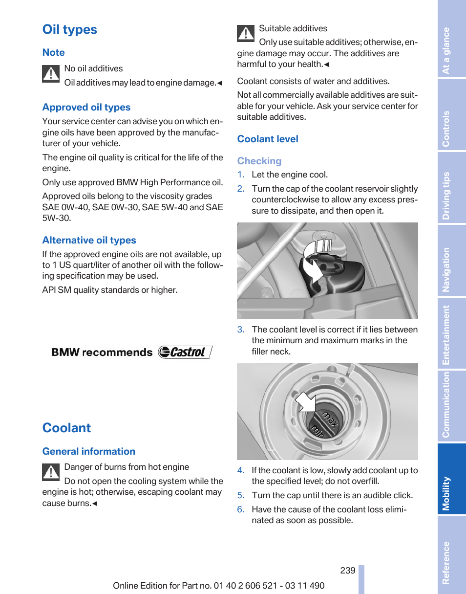 Oil types, Coolant | BMW 650i xDrive Convertible 2012 User Manual | Page 239 / 282