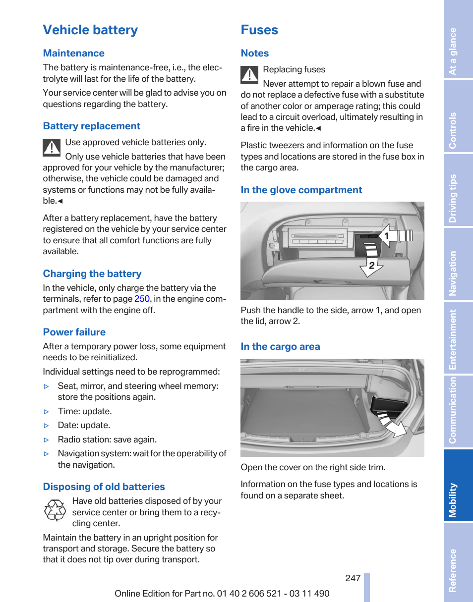 Vehicle battery, Fuses | BMW 650i xDrive Convertible 2012 User Manual | Page 247 / 282