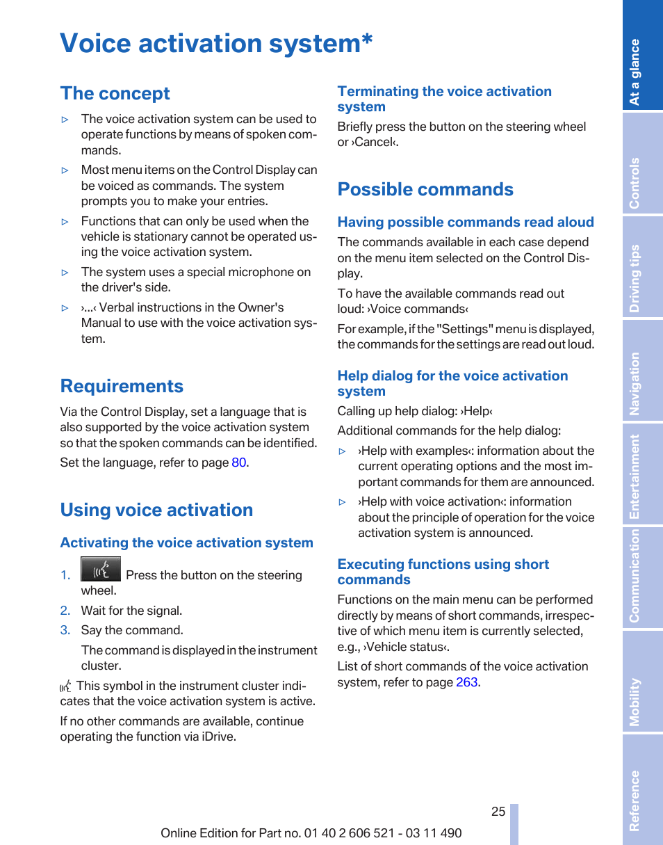 Voice activation system, The concept, Requirements | Using voice activation, Possible commands | BMW 650i xDrive Convertible 2012 User Manual | Page 25 / 282